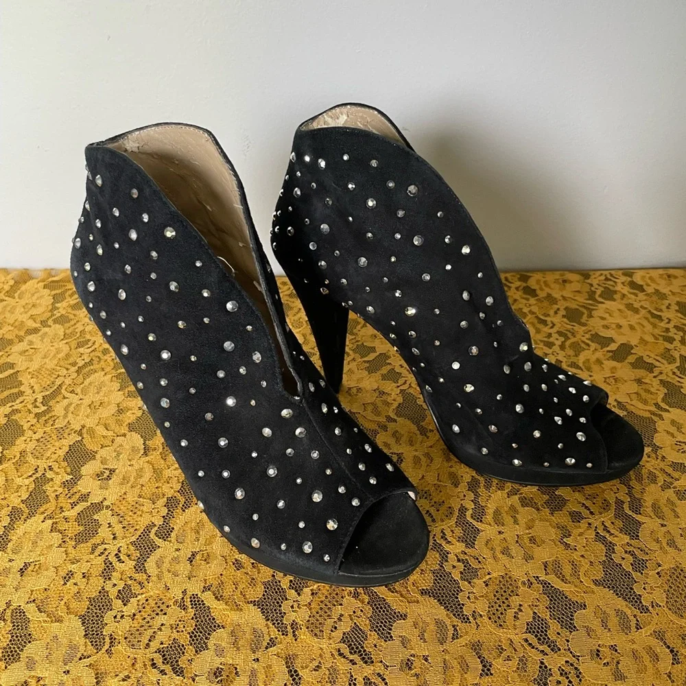 INC International Concepts Tiara Black Peep-Toe Heels with Rhinestones, Size 7
